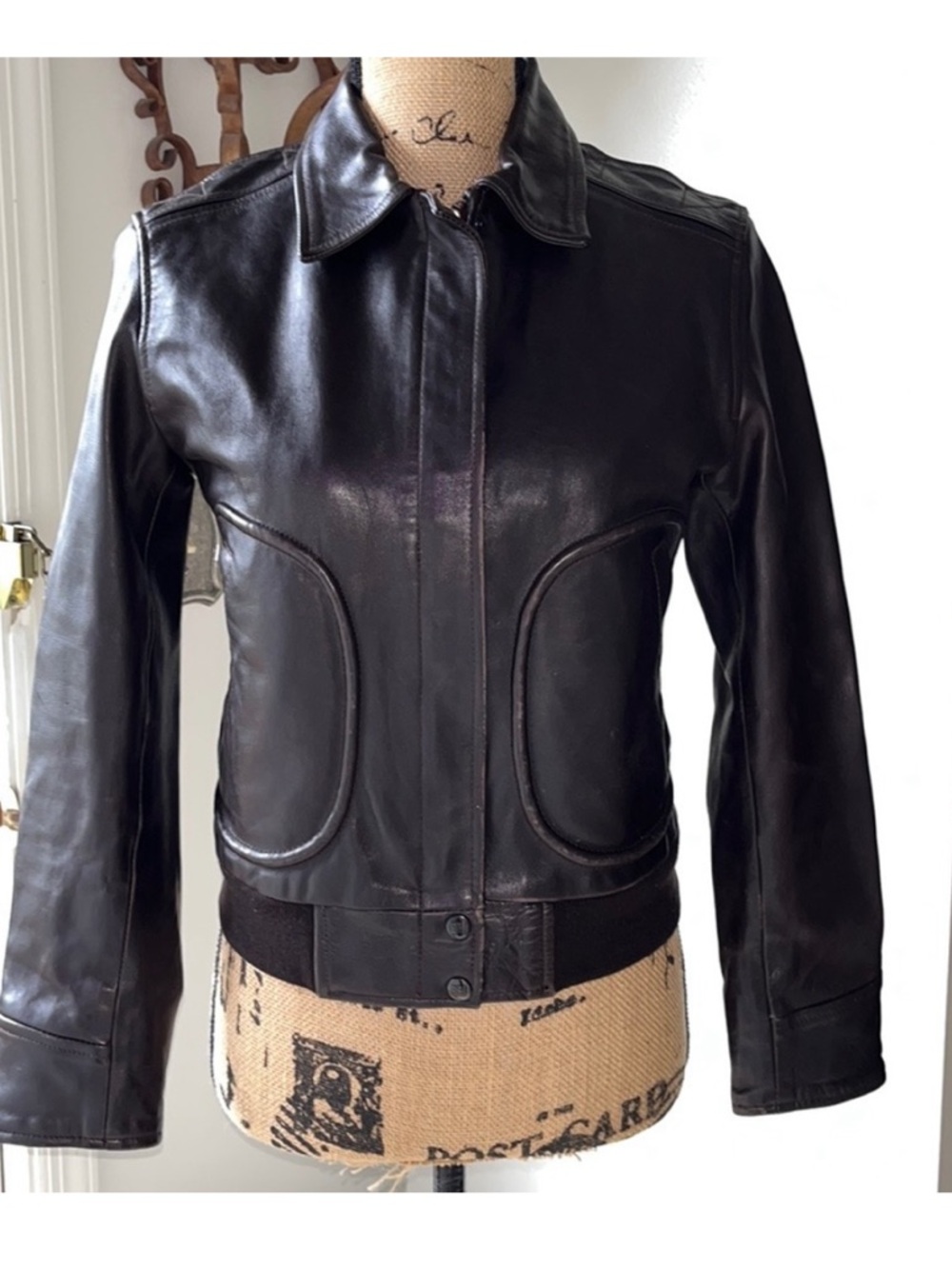 Vintage dark espresso brown bomber leather jacket